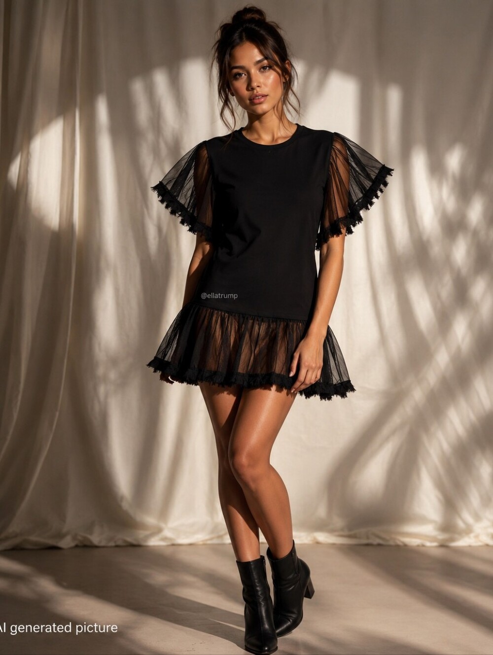 Black Mix Media Mini Dress Blouse with Fray Edged Tulle Sleeves/Hem Womens 3X